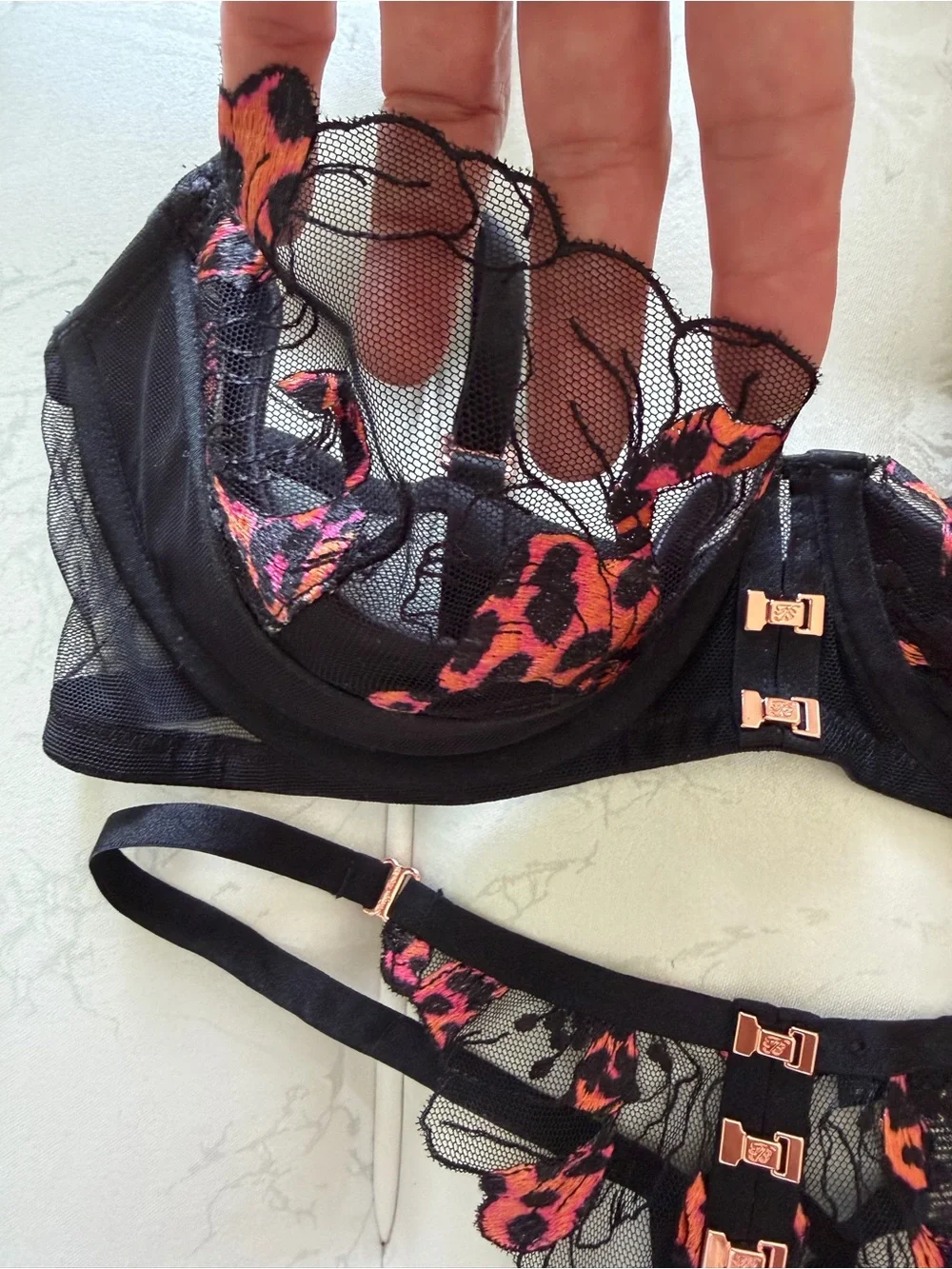 Honey Birdette Black Sheer Mesh Bra & Thong with Pink and Orange Embroidery - Picture 3 of 13